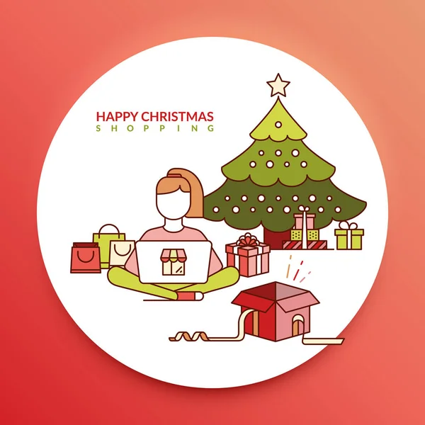 Feliz Navidad Compras Una Chica Compras Línea Regalos Navidad Junto — Vector de stock