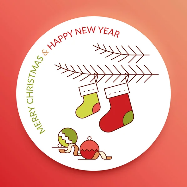 メリー クリスマスと新年あけましておめでとうございます クリスマスのストッキングと緑と赤の色の装飾品 — ストックベクタ