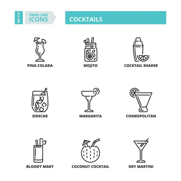 Zeilensymbole Über Getränke Cocktails — Stockvektor