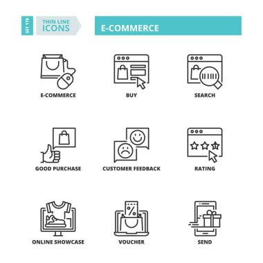 E-ticaret hakkında çizgi simgeler. Online alışveriş