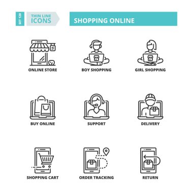 Online alışveriş hakkında çizgi simgeler. Mağaza