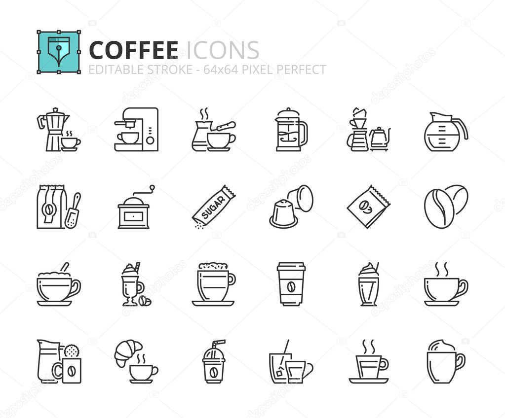 Outline icons about coffee. Editable stroke. 64x64 pixel perfect.