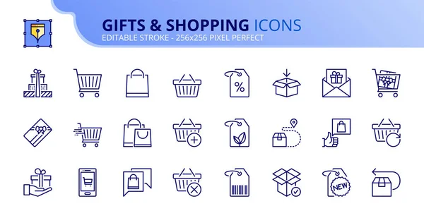 Eenvoudige set van overzichts pictogrammen over geschenken en winkelen — Stockvector