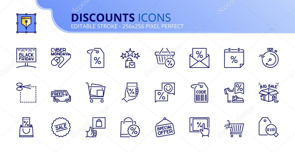 Simple set of outline icons about discounts
