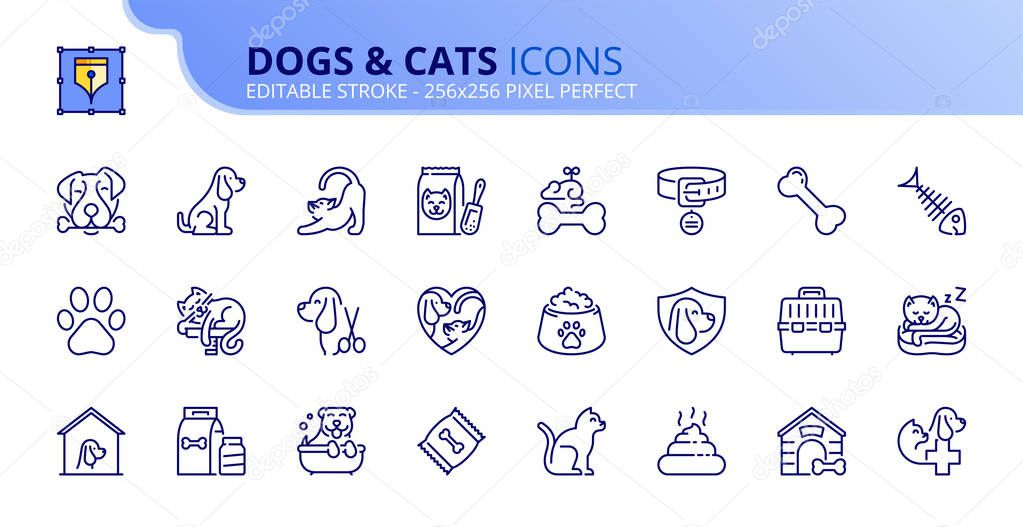 Simple set of outline icons about dogs and cats