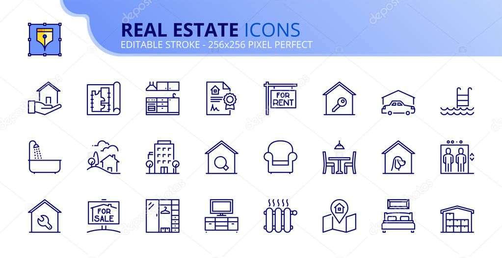 Simple set of outline icons about real estate