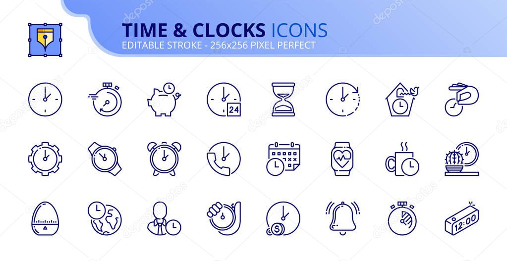 Simple set of outline icons about time and clocks