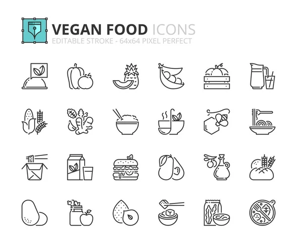 Conjunto simple de iconos de contorno sobre la comida vegana. Frutas, hortalizas — Vector de stock