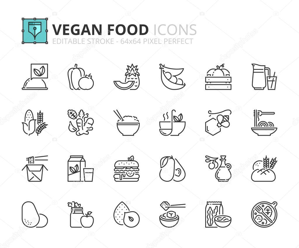 Simple set of outline icons about vegan food. Fruits, vegetables