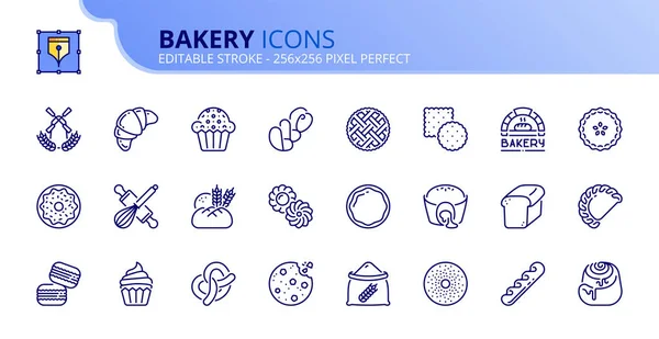 Conjunto simples de ícones de contorno sobre produtos de padaria — Vetor de Stock