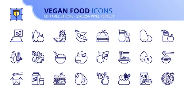 Conjunto simple de iconos de contorno sobre la comida vegana. Frutas, hortalizas — Archivo Imágenes Vectoriales