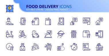 Yemek teslimatıyla ilgili taslak simgeler. Teslimatçı, fast food, market, teslimat ve sipariş takibi gibi ikonlar içeriyor. Düzenlenebilir felç. Vektör - 256x256 piksel mükemmel.