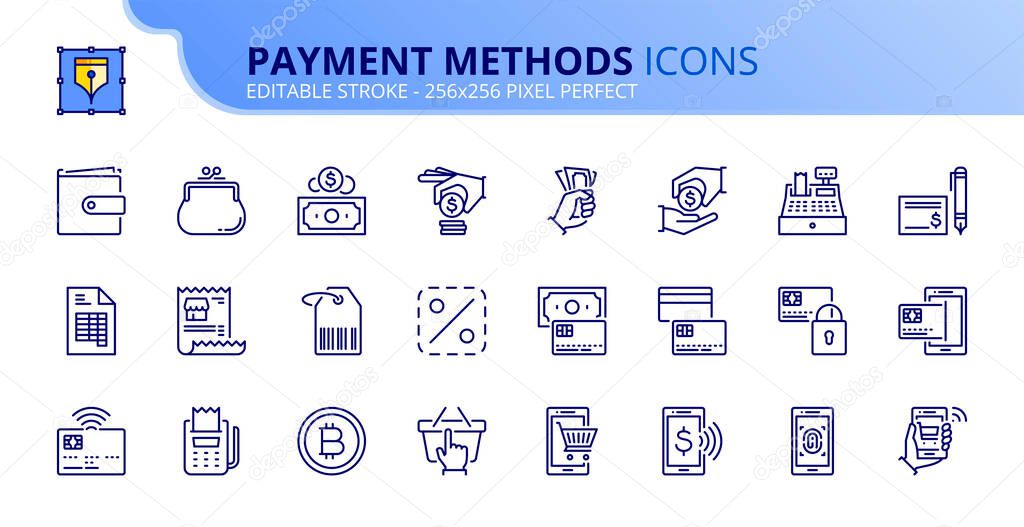 Outline icons about payment methods. Shopping. Contains such icons as wallet, coin, credit card, money, one click, check and contactless biometric payment. Editable stroke Vector 256x256 pixel perfect