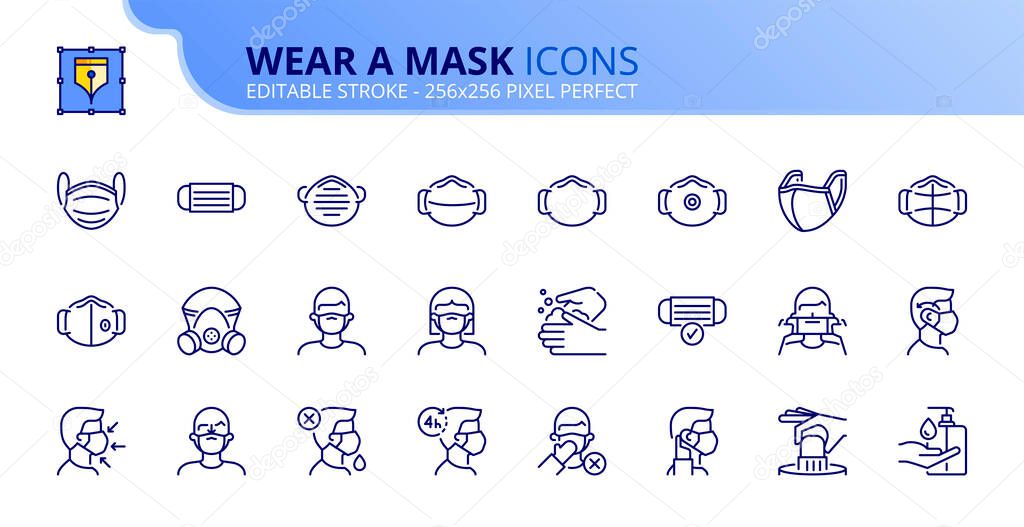 Outline icons about wear a mask. COVID-19 prevention. Contains such icons as how wear and remove the mask, and the different types of face masks. Editable stroke. Vector - 256x256 pixel perfect.
