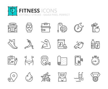 Fitness hakkında taslak simgeler. Sağlık hizmetleri. Spor, spor, koşu, diyet, vücut geliştirme, yoga ve ekipman gibi ikonlar içerir. Düzenlenebilir vuruş vektörü 64x64 piksel mükemmel