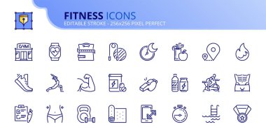 Fitness hakkında taslak simgeler. Sağlık hizmetleri. Spor, spor, koşu, diyet, vücut geliştirme, yoga ve ekipman gibi ikonlar içerir. Düzenlenebilir vuruş vektörü 256x256 piksel mükemmel