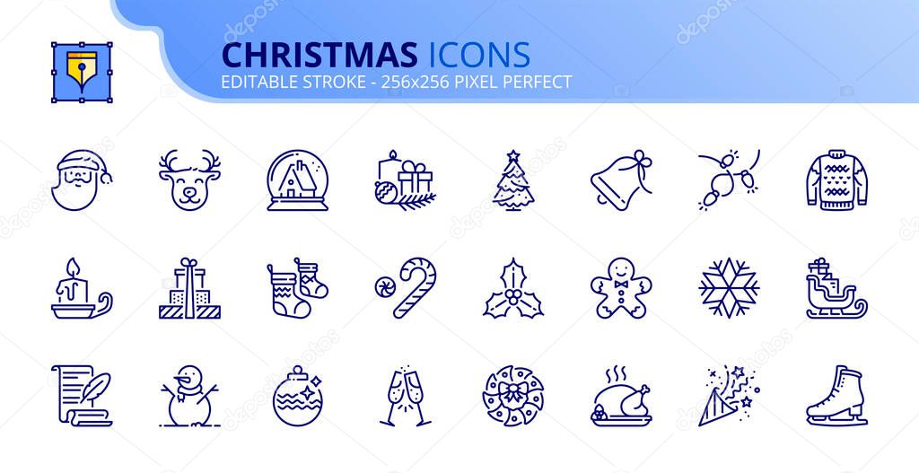 Outline icons about Christmas. Holidays events. Contains such icons as Santa, snowman, Christmas tree, wish list, decoration, and gifts. Editable stroke Vector 256x256 pixel perfect