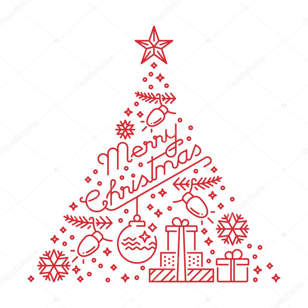 White background about Christmas with red line icons. Christmas tree winter holidays greeting card