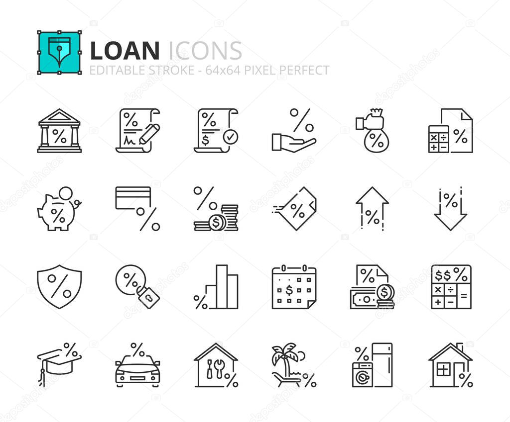 Outline icons about loan. Banking product. Contains such icons as bank, interest rate, payment, TAX, credit card, insurance, mortgage and consumer loan. Editable stroke Vector 64x64 pixel perfect