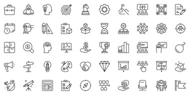 İş dünyasının gelişim, fikir, strateji, pazarlama, başlatma, test ve tasarım olarak simgeleri. Düzenlenebilir vuruş ve piksel mükemmel.