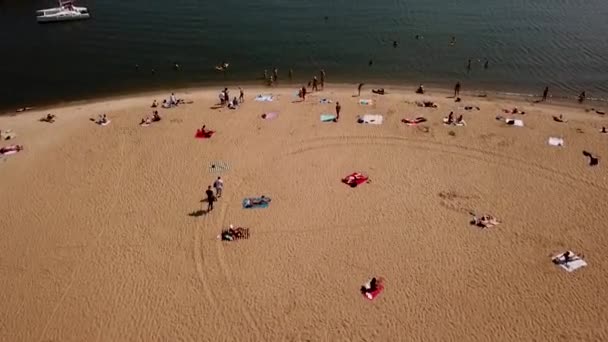 Niños y adultos nadando se divierten en la playa de la ciudad. Vista aérea — Vídeos de Stock