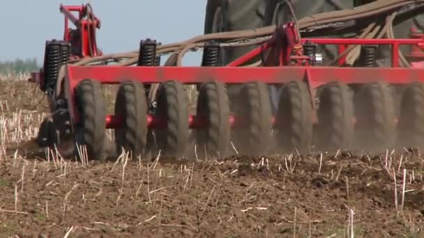 Traktor skörde fält på sommaren — Stockvideo