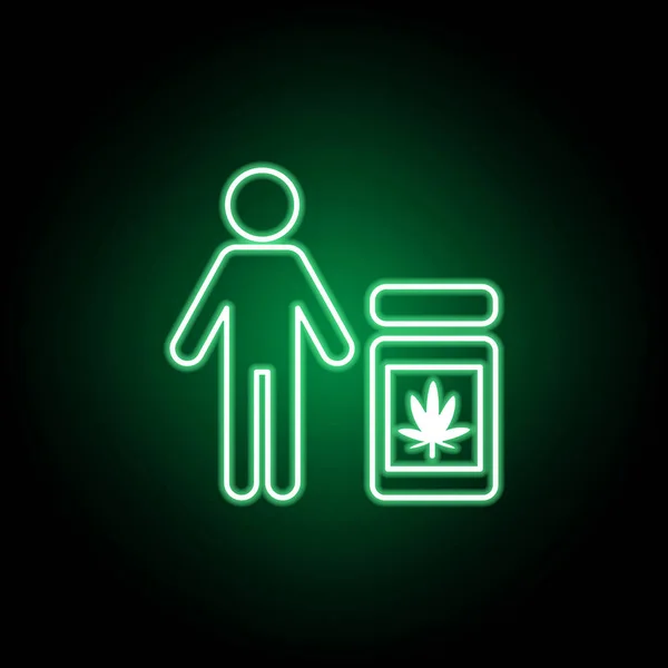 Людина і марихуана таблетки контур значок в неоновий стиль. Може бути використаний для Web, логотип, мобільний додаток, UI, UX — стоковий вектор