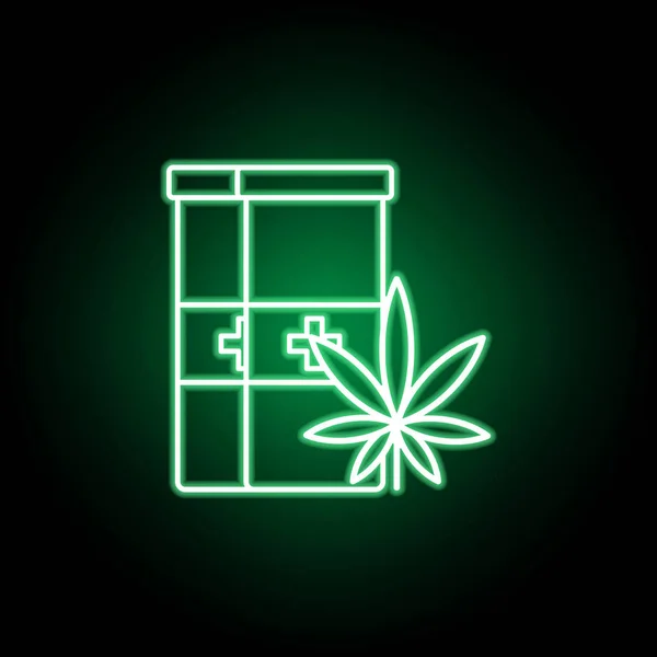 Neon tarzında marihuana hapları anahat simgesi ile ilaç tüp. Web, logo, mobil uygulama, Ui, Ux için kullanılabilir — Stok Vektör