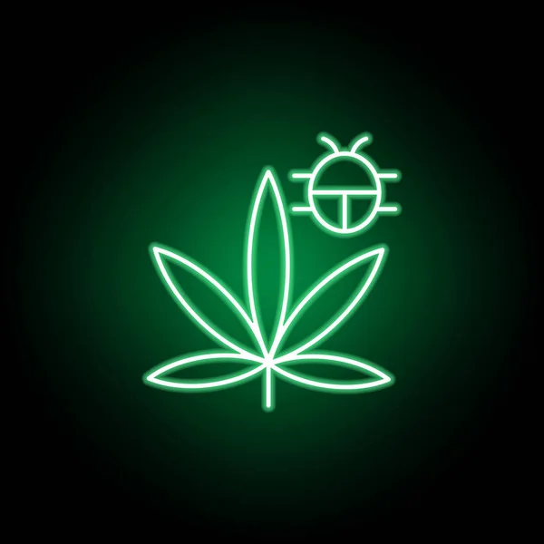 Marijuana et coléoptère contour icône dans le style néon. Peut être utilisé pour le web, logo, application mobile, UI, UX — Image vectorielle