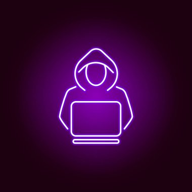 Hacker, neon tarzında suç simgesi. Web, logo, mobil uygulama, Ui, Ux için kullanılabilir 