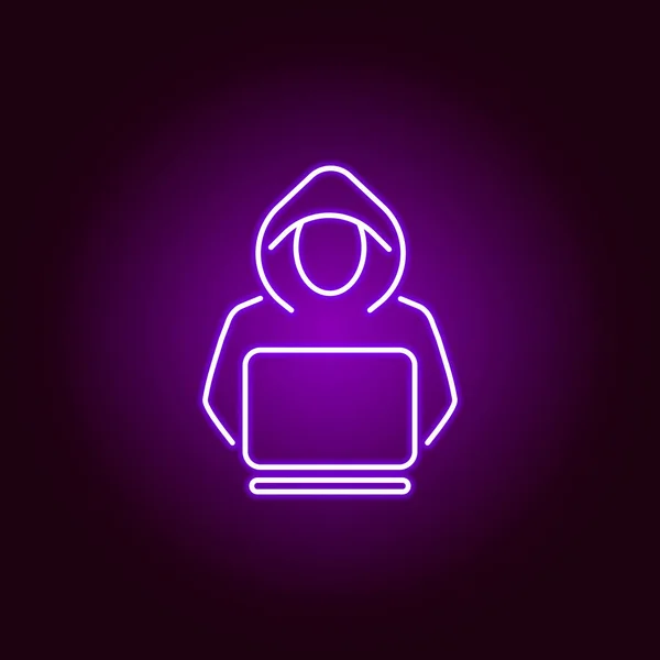 Хакер, криминальная икона в неоновом стиле. Может использоваться для веб, логотип, мобильное приложение, пользовательский интерфейс, UX — стоковый вектор