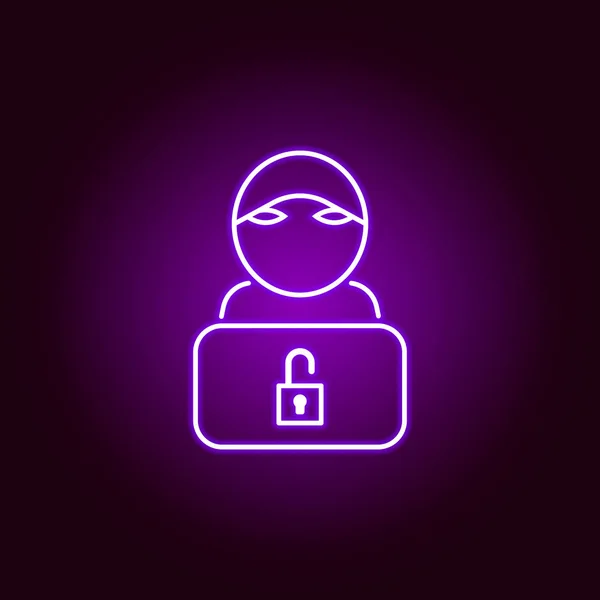 Hacker, icono de hacker en estilo neón. Puede ser utilizado para web, logotipo, aplicación móvil, interfaz de usuario, UX — Vector de stock