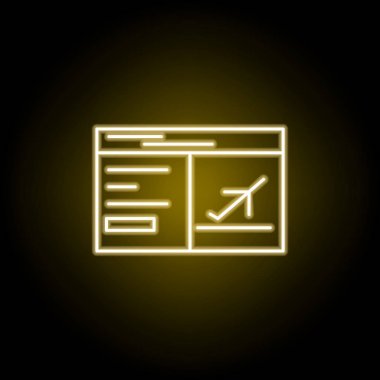 Neon tarzında uçak bileti simgesi. Seyahat illüstrasyon unsuru. İşaretler ve semboller web, logo, mobil uygulama, Ui, Ux için kullanılabilir
