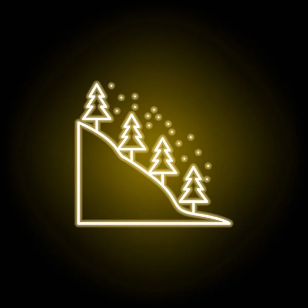 Árboles cubiertos de nieve en las montañas icono en estilo neón. Elemento de ilustración de viaje. Los signos y símbolos se pueden utilizar para la web, logotipo, aplicación móvil, interfaz de usuario, UX — Vector de stock