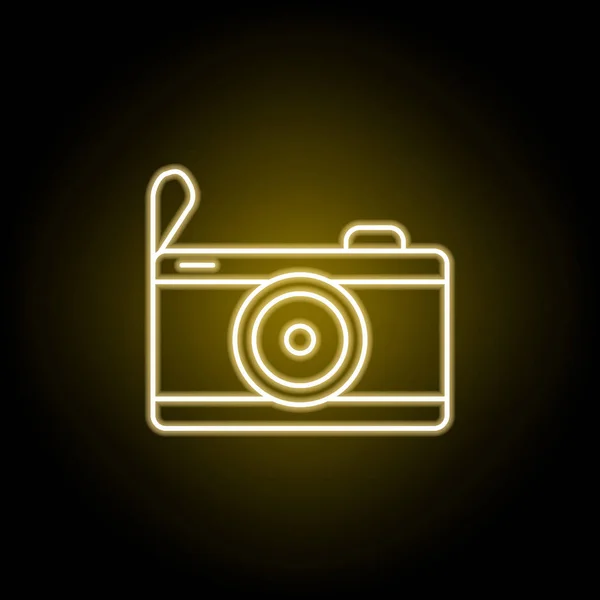 Ikona fotoaparátu v neonové stylu. Prvek cestovní ilustrace. Značky a symboly mohou být použity pro web, logo, mobilní aplikace, UI, UX — Stockový vektor