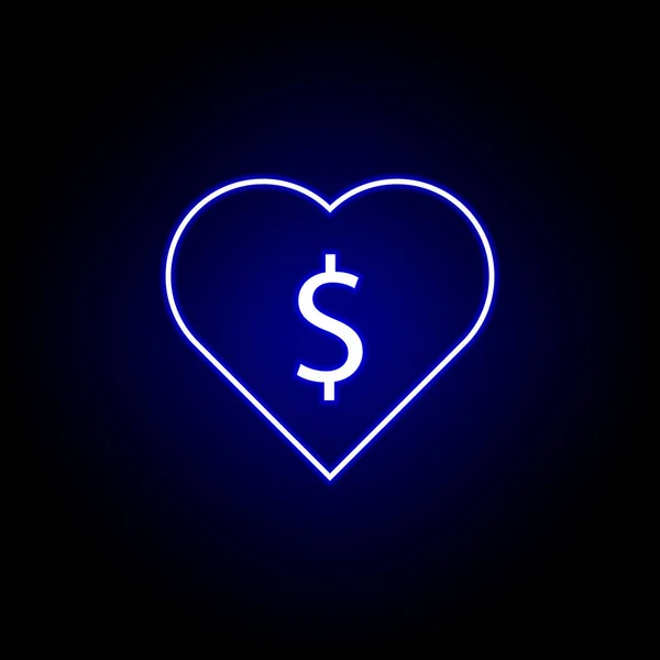 Heart dollar ikon i neonstil. Inslag i finans illustrationen. Tecken och symboler ikon kan användas för webben, logotyp, mobilapp, UI, UX — Stock vektor
