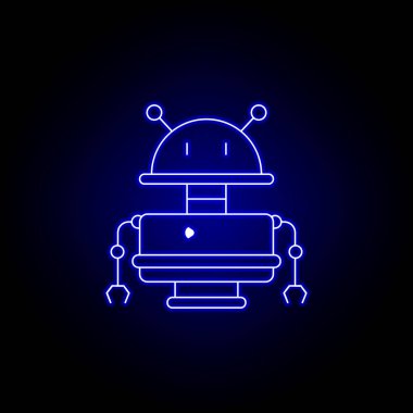 Robot, mavi neon tarzında eski robot çizgi simgesi. İşaretler ve semboller Web, logo, mobil uygulama, ui, UX için kullanılabilir