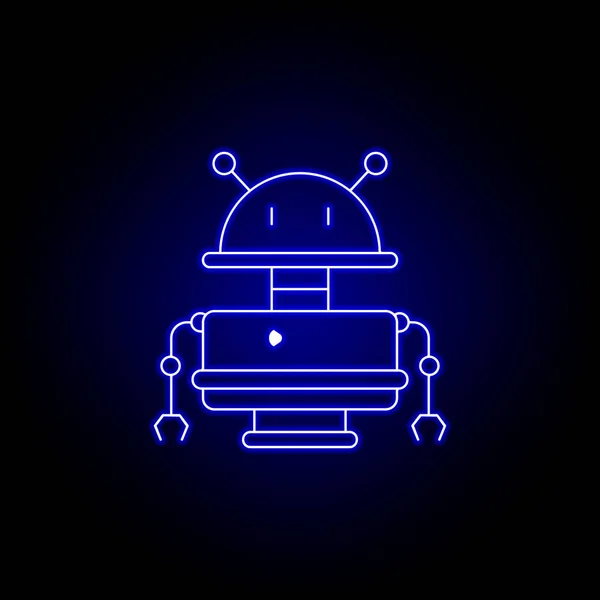 Robot, viejo icono de la línea de robot en estilo de neón azul. Los signos y símbolos se pueden utilizar para la web, logotipo, aplicación móvil, interfaz de usuario, UX — Vector de stock