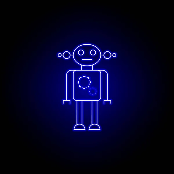 Mujer robot, icono de línea de engranajes en estilo de neón azul. Los signos y símbolos se pueden utilizar para la web, logotipo, aplicación móvil, interfaz de usuario, UX — Vector de stock