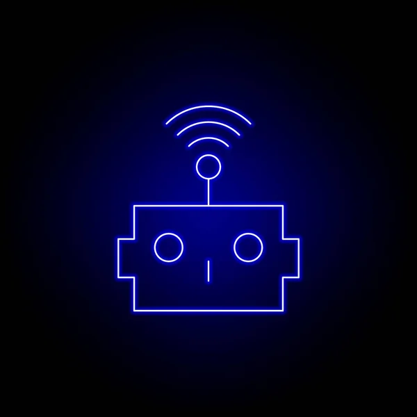 Robô, cabeça, ícone de linha de sinal em estilo neon azul. Sinais e símbolos podem ser usados para web, logotipo, aplicativo móvel, UI, UX — Vetor de Stock