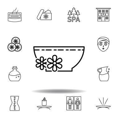 çiçekler kase anahat simgesi içinde sıvı yüzen. Spa ve Relax illüstrasyonları simgesi ayrıntılı kümesi. Web, logo, mobil uygulama, ui, UX için kullanılabilir
