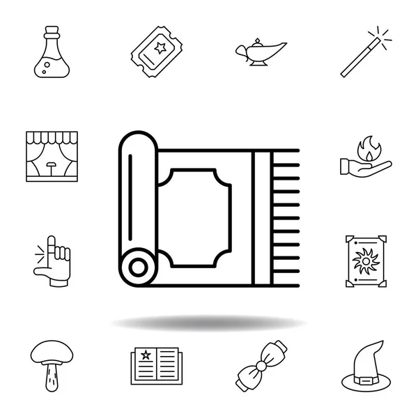 Varázslat szőnyeg körvonal ikon. elemeit mágikus illusztráció vonal ikonra. jeleket, szimbólumokat lehet használni a weben, logó, mobil alkalmazás, UI, UX — Stock Vector