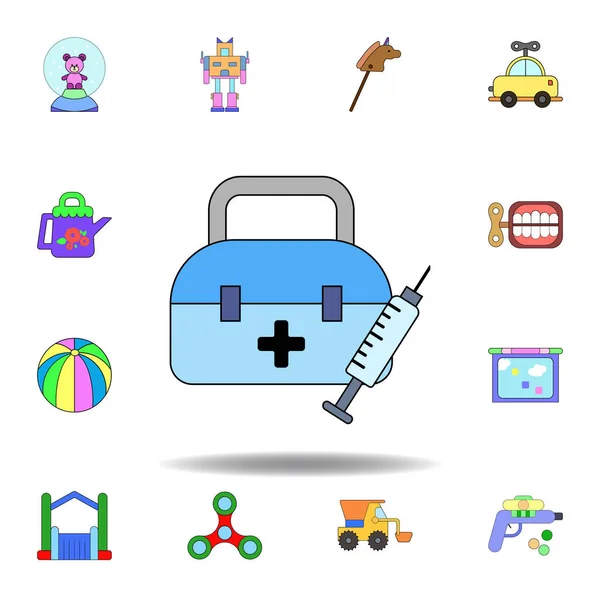 Мультфильм здравоохранения экстренной помощи игрушка цветной значок. набор иконок для детских игрушек. знаки, символы могут быть использованы для веб, логотип, мобильное приложение, пользовательский интерфейс, UX — стоковый вектор