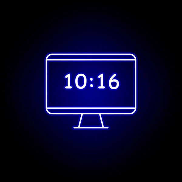Pc monitor relógio ícone no estilo de néon azul.. Elementos do ícone ilustração do tempo. Sinais, símbolos podem ser usados para web, logotipo, aplicativo móvel, UI, UX — Vetor de Stock