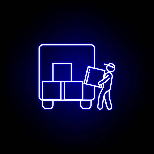Carregador ícone de linha de caixa no estilo de néon azul. Conjunto de ícones de ilustração logística. Sinais, símbolos podem ser usados para web, logotipo, aplicativo móvel, UI, UX —  Vetores de Stock