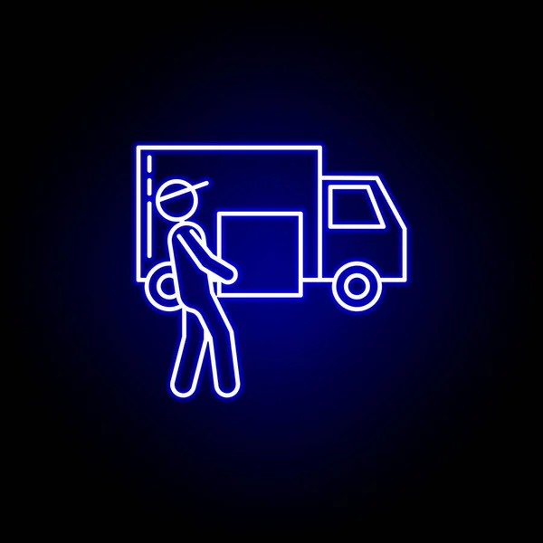 Línea de camiones de mensajería icono en estilo de neón azul. Conjunto de iconos de ilustración logística. Signos, símbolos se pueden utilizar para la web, logotipo, aplicación móvil, interfaz de usuario, UX — Vector de stock