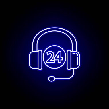 24 saat çalışma kulaklık hattı simgesi mavi neon tarzı. Lojistik illüstrasyon simgeleri kümesi. İşaretler, semboller web, logo, mobil uygulama, Ui, Ux için kullanılabilir