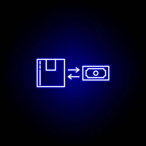 Compra cambiar el icono de línea de paquete de dinero en estilo de neón azul. Conjunto de iconos de ilustración logística. Signos, símbolos se pueden utilizar para la web, logotipo, aplicación móvil, interfaz de usuario, UX — Archivo Imágenes Vectoriales