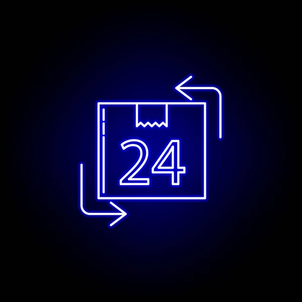 Ícone de linha de entrega de 24 horas no estilo neon azul. Conjunto de ícones de ilustração logística. Sinais, símbolos podem ser usados para web, logotipo, aplicativo móvel, UI, UX — Vetor de Stock