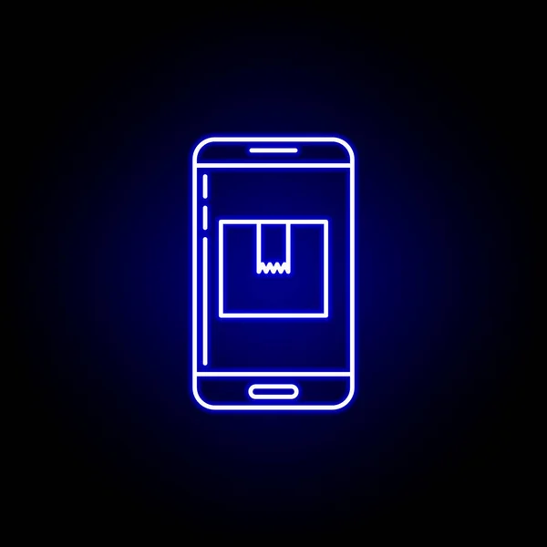 Teléfono teléfono inteligente icono de línea de paquete en estilo de neón azul. Conjunto de iconos de ilustración logística. Signos, símbolos se pueden utilizar para la web, logotipo, aplicación móvil, interfaz de usuario, UX — Vector de stock